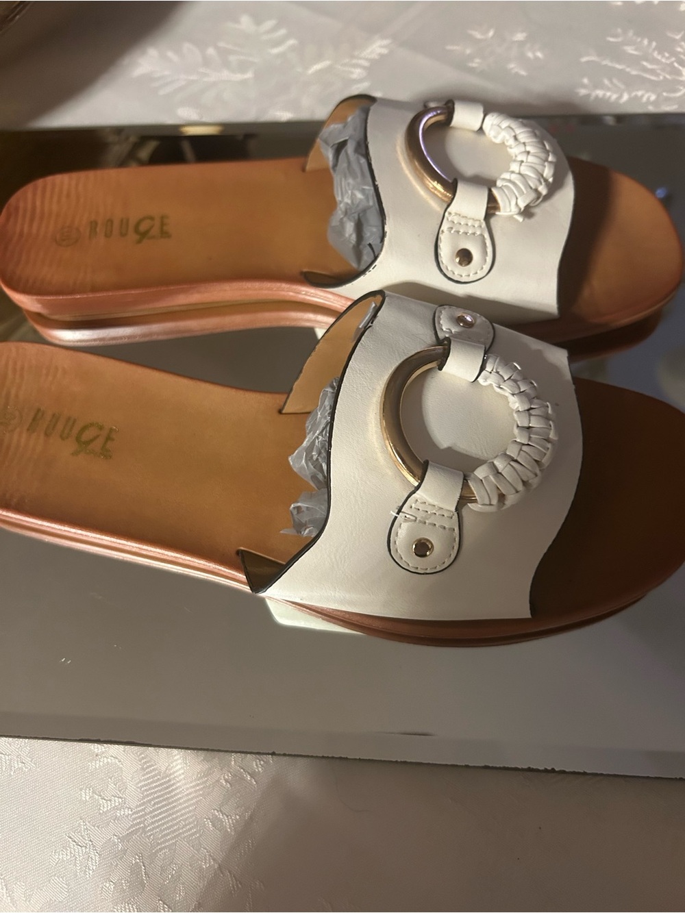 White Slide Sandals with Ring Accent - Women